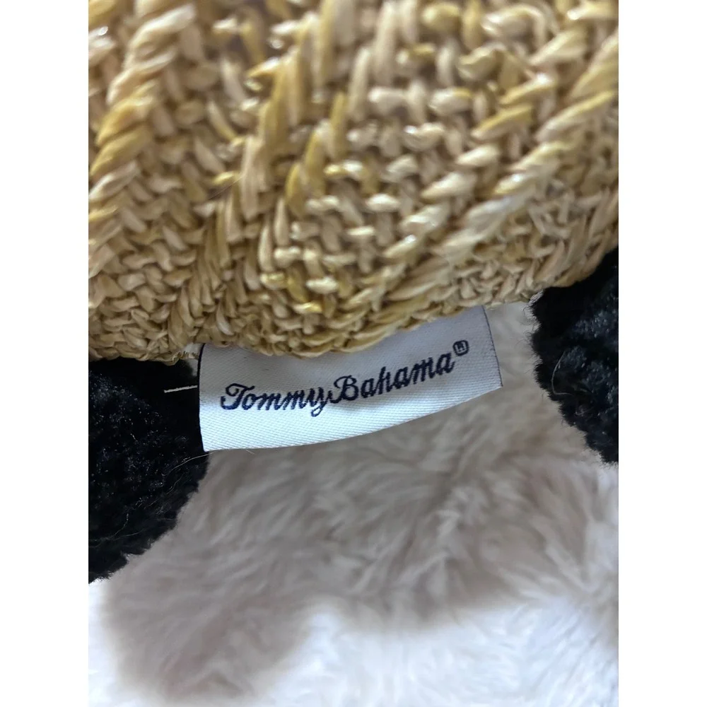 Boho Round Pom Pom Woven Straw Decorative Pillow Tan Black Coastal Tommy Bahama